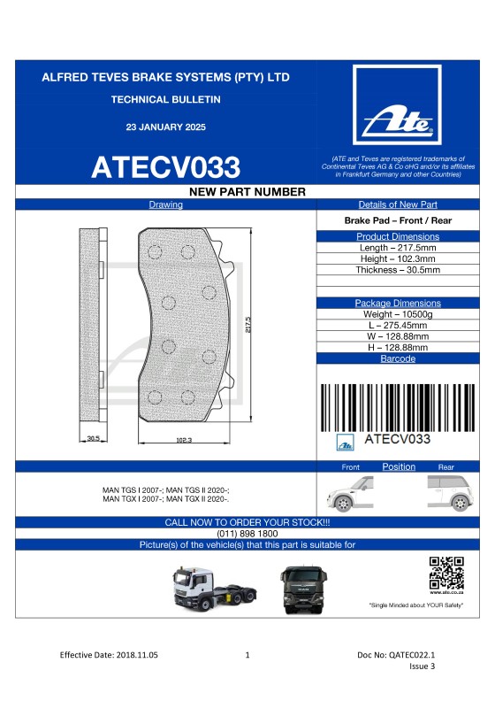 ATECV033 NEW! Brake Pad for MAN TGS, TGX 2007- . featured image